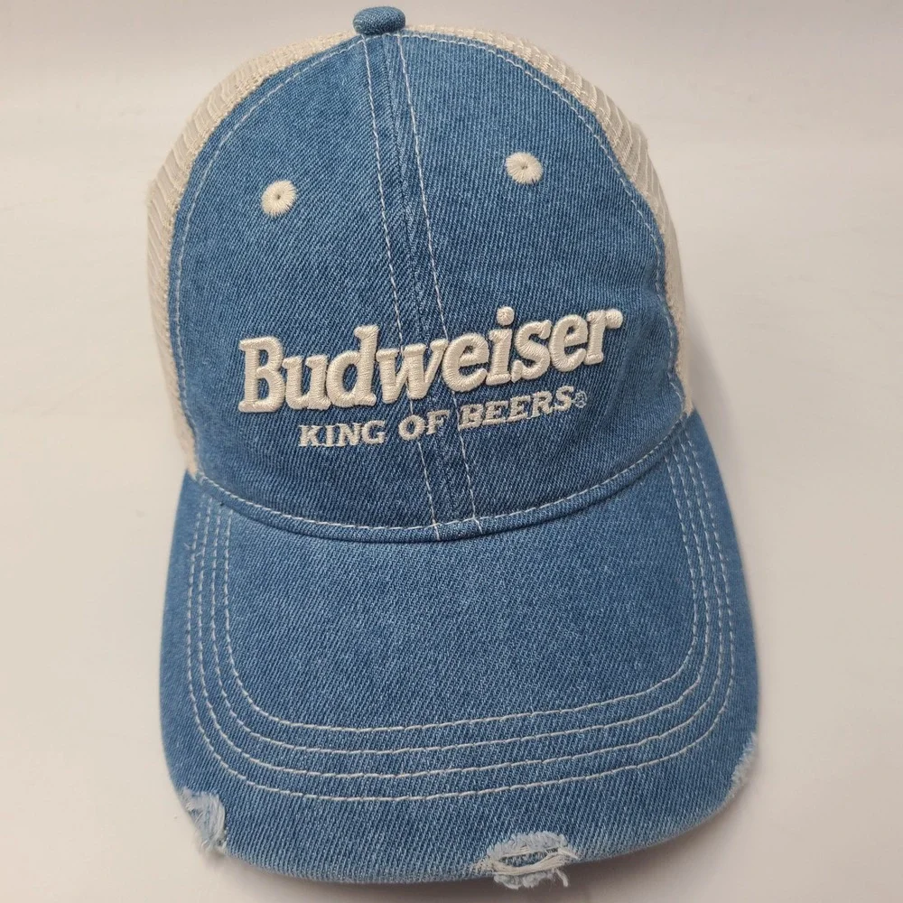 Budweiser Hat Strapback American Eagle Trucker Mesh Blue Beige Distressed Denim